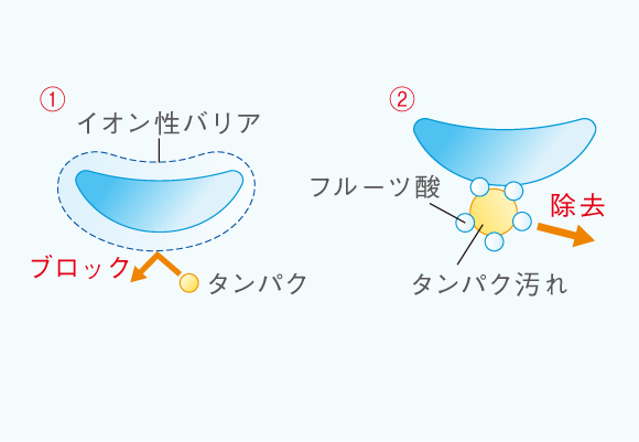 3ステップ作用でタンパク汚れからコンタクトレンズを守ります