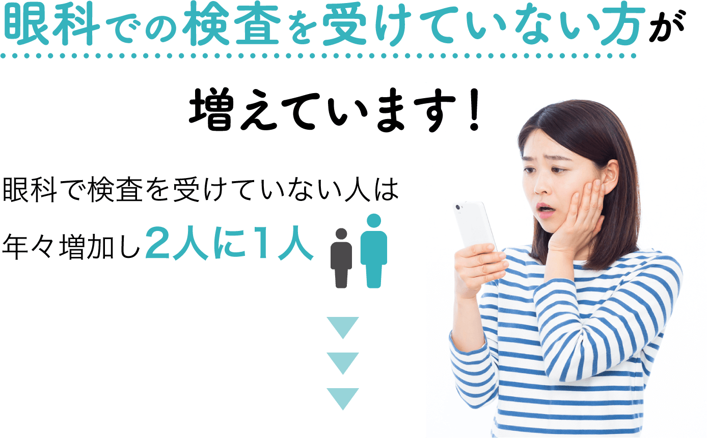 眼科での検査を受けていない方が増えています！（眼科で検査を受けていない人は年々増加し2人に1人）