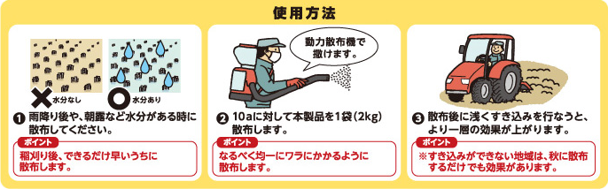 使用方法 （1）雨降り後や、朝露など水分がある時に散布してください （2）10aに対して本製品を1袋散布します （3）散布後に浅くすき込みを行うと、より一層の効果が上がります